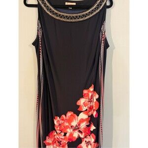 Dress Barn Size 16 Navy Midi Dress Coral Floral and Embellished Neckline